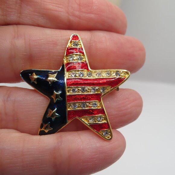 Patriotic Star Rhinestone Enamel Brooch - Picture 3 of 6